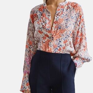 Reiss ‘Hallie’ Split-Neck Long-Sleeve Floral Meadow Print Button-Up Blouse Sz 6